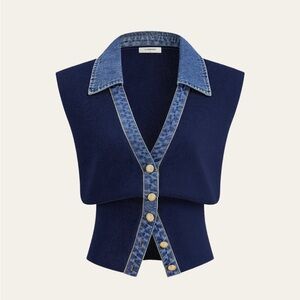 Commense Navy Blue V-Neck Sweater with Denim Accents